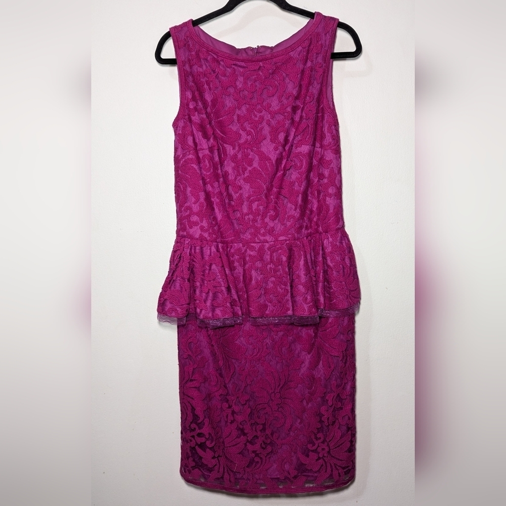 Tadashi Shoji Peplum Sheath Dress Magenta Pink Textured Lace Stretch Size 12